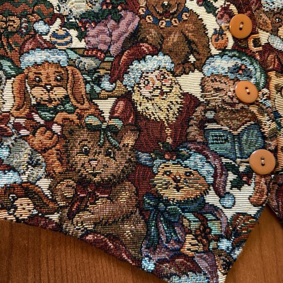 Vintage Facets Christmas Animals Vest Tapestry Santa, Bear, Puppy, Kitten Size S - Picture 11 of 14